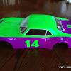 This is a BRIGHT 68 Camaro body done in Faskolor Neon Green and Purple.  Dubbed "The Grape Ape" it will be easy to see this VTA body on the track!