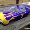 This is an HPI 1970 Dodge Challenger.  All graphics were hand cut.  Flames and numerals.  Its purple metallic Faskolor with chrome and Fasorange and Fasyellow.  I love the Challenger for VTA.  Great looking body even without paint.  