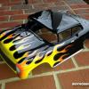 This is a Parma "Fifty Five" body.  All Faskolor paint with custom hand cut flames.  I've done three of these.  They are use for Traxxas Slash or other SCT's.  Love the attitude!