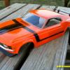 HPI 1970 Boss Mustang.  Faskolor Orange and perfect decals!  This body shipped to Singapore via eBay.  Its now on a top level drift car I'm told.  
