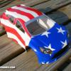 This is the new ProLine Ford Escort body for Mini Coopers and other short wheelbase cars.  Customer wanted it red, white and blue like his other bodies.  What was cool, was I airbrushed this on July 4th!  How fitting!