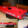 This is a Aquacraft Supervee 27 electric (brushless) R/C boat.  Super fast, super fun!  Lucas Oil has a similar boat hanging in the Lucas Oil Stadium in Indianapolis.  I tried to make mine into that version.